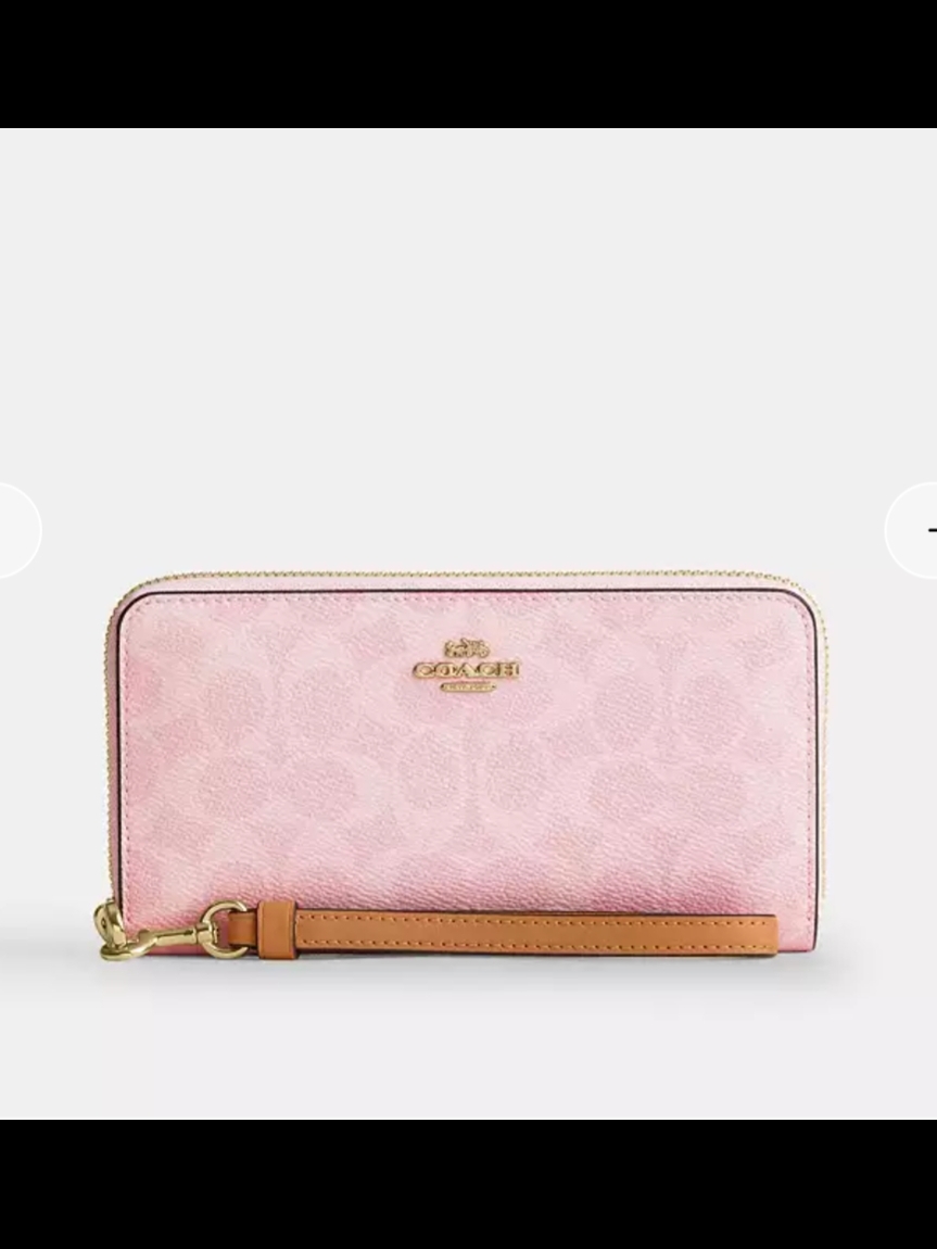 Coach Pink Signature Zip-Around Wristlet With Tan Strap
